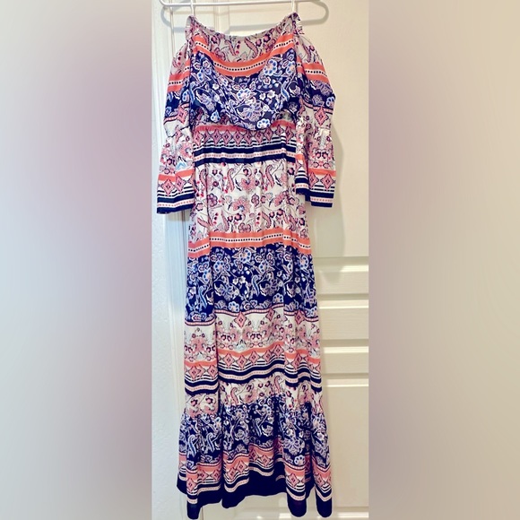 Eliza J Off Shoulder 1/2 Bell Sleeves Floral Paisley Maxi Dress w Tie Waist - Picture 6 of 9